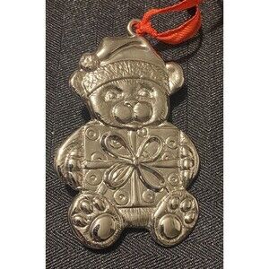 Lenox Holiday silver plated teddy bear gift card holder with red ribbon